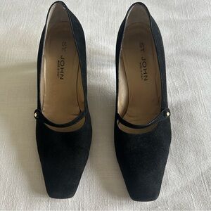 St. John Shoes Womens Size 10 Black Suede Mary Jane Pumps Block Heel Italy Party